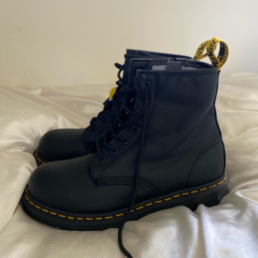 Black doc martens high tops with steel toe, industrial safety toe